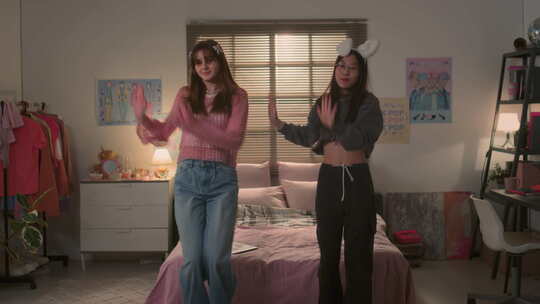 十几岁的朋友随着韩国流行音乐跳舞在家拍摄