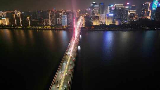 杭州钱塘江西兴大桥夜晚夜景航拍车流交通城