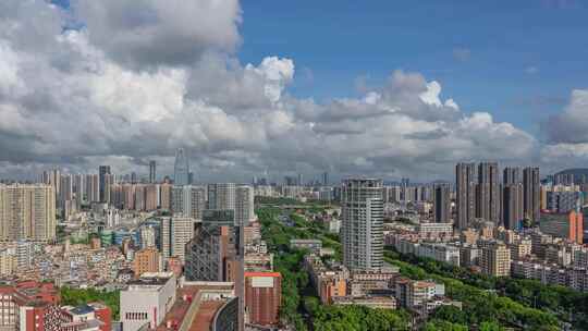 广东深圳宝安区城区蓝天白云城市天际线延时