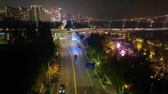 杭州滨江区闻涛路秋石高架路航拍夜晚夜景车