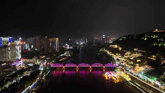 航拍甘肃兰州中山桥夜景