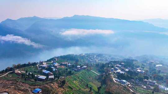 村庄村落航拍晨雾山川延时