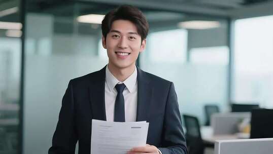 办公室商务人士手持文件微笑求职视频