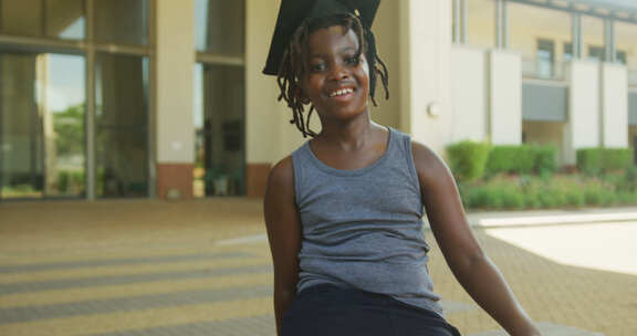 快乐的非裔美国男孩戴着毕业帽，拿着文凭在学校前的视频
