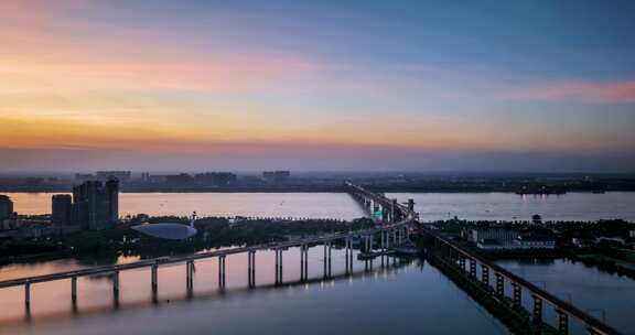 白水湖与九江长江大桥黄昏航拍延时