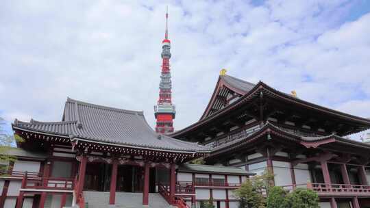 东京塔靠近佛教风格的寺庙延时