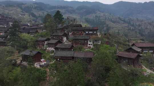 贵州黔东南雷山县雀鸟苗寨传统民居航拍风光