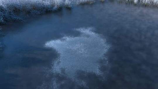 冬季结冰水面与覆霜植物景观