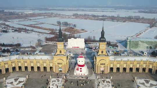 4K哈尔滨音乐长廊雪人网红打卡城市风光航拍