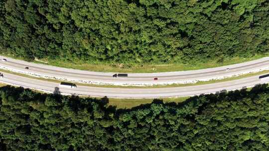 一条穿过茂密森林的多车道公路