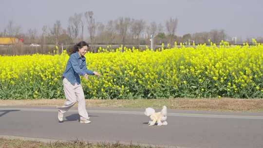 年轻女孩在田野边的道路上和宠物狗玩耍嬉戏