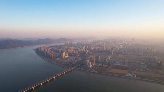 杭州滨江区城市日出风景航拍