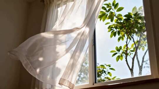 室内窗边飘动的白色窗帘