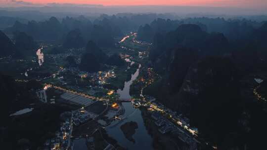 广西桂林阳朔遇龙河工农桥夜景航拍