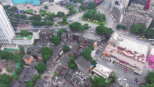 航拍重庆十八梯古建筑与城市高楼大厦