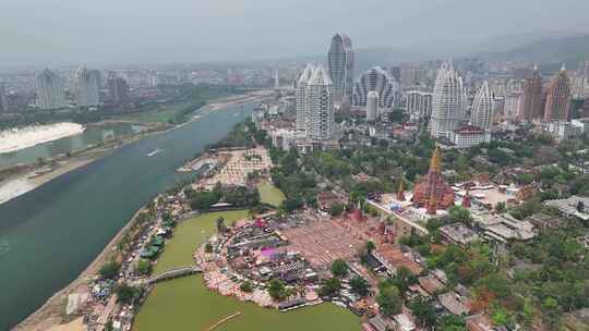 云南西双版纳景洪市澜沧江城市风光航拍