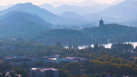 西湖雷峰塔景区大自然风光群山航拍杭州风景