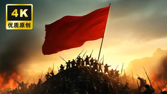 战争胜利摇旗呐喊战火硝烟中的红旗飘扬