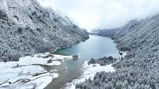 西藏林芝巴松措雪山森林湖泊的林海雪原风光