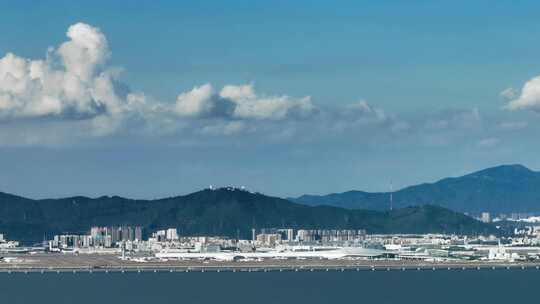 5k航拍深圳机场飞机起降落海上公路轮船出海