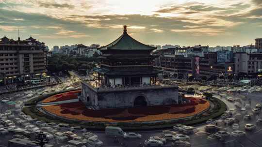 西安地标古建筑钟鼓楼日转夜延时