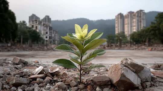 废墟中顽强生长的小树苗象征希望