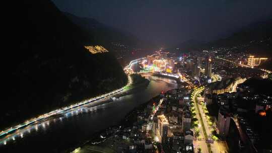 云南怒江傈僳族自治州泸水市城市航拍夜景