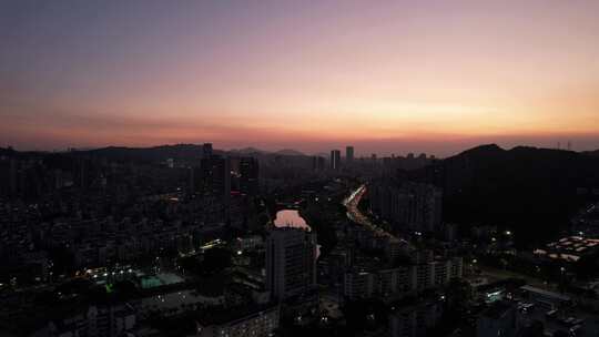 广东珠海城市晚霞夜幕降临航拍