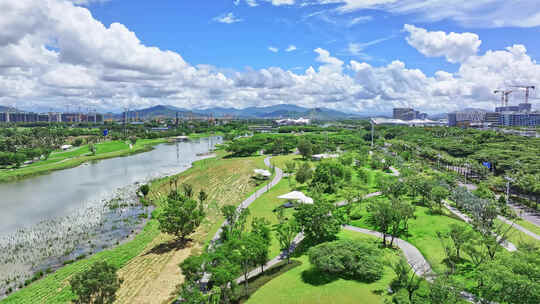 航拍海南三亚市海棠湾海棠河生态公园