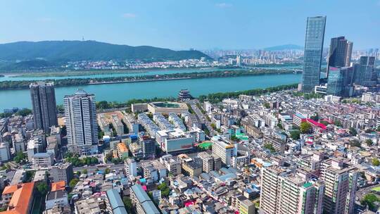 湖南长沙湘江杜甫江阁茶馆航拍城市地标风景