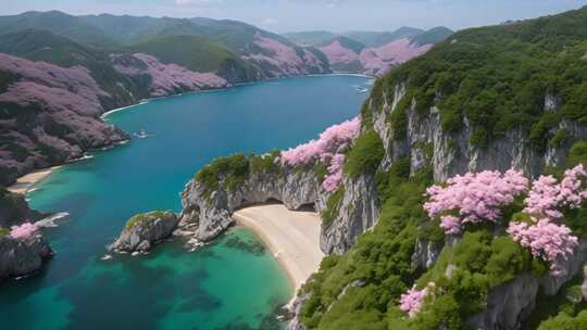 山海间盛开粉色花朵的美景