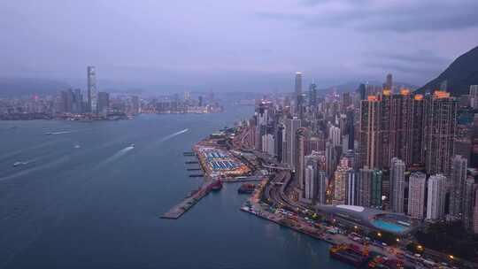 香港维多利亚港CBD中环夜景高空航拍