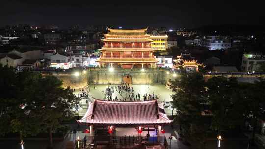 广东潮州古城广济门城楼夜景航拍