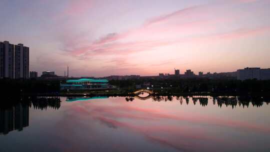 湖南省资兴市东江湾城市公园日落夕阳航拍