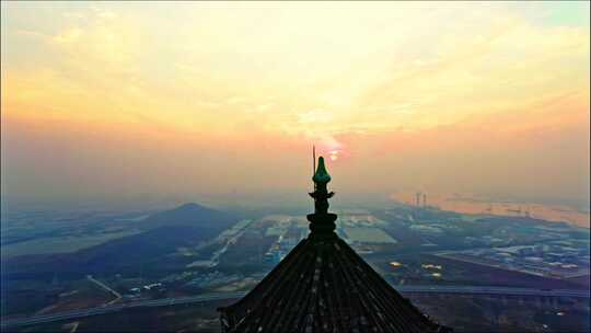 航拍镇江圌山塔夕阳爬山顶峰素材