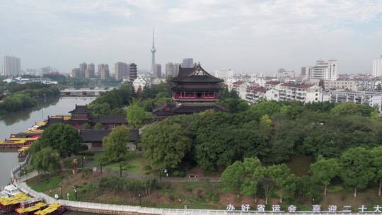 航拍泰州凤城河畔古建筑景观