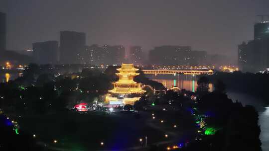 湖南省衡阳市东洲岛夫子楼夜景航拍