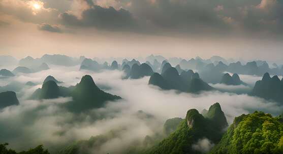 桂林山水合集山峰云海群山云雾缭绕自然风景