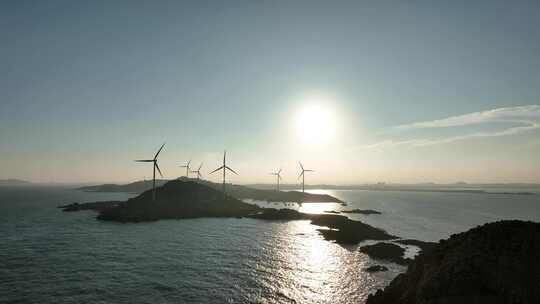 大海日出风车航拍海岛海上发电海洋风力发电