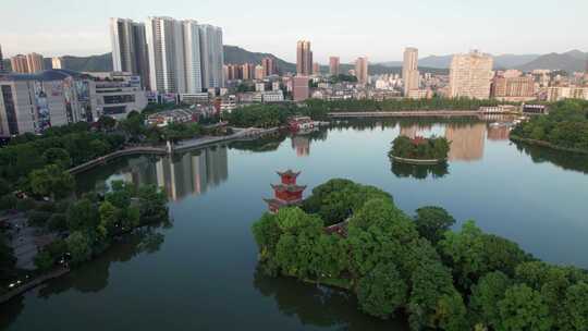 湖南省郴州市北湖区北湖公园北楼夕阳航拍4k