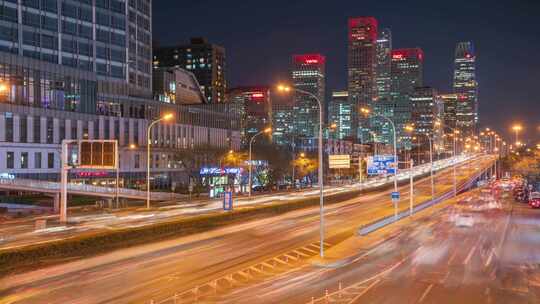 北京东三环国贸桥夜晚车流延时摄影