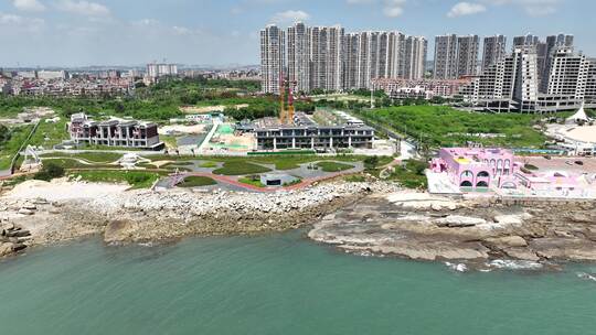 福建省泉州市石狮黄金海岸景区海景航拍