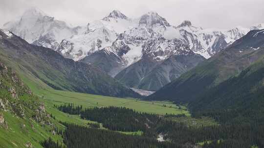 新疆伊犁昭苏夏塔古道雪山森林航拍自然风光