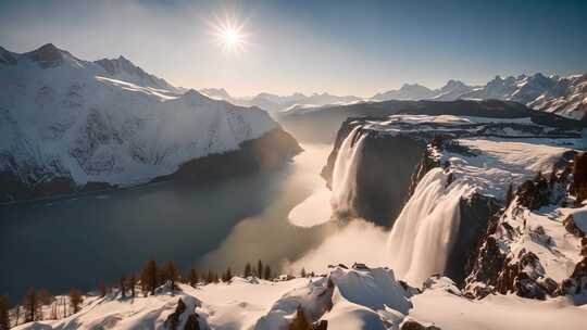 雪山瀑布自然风光全景