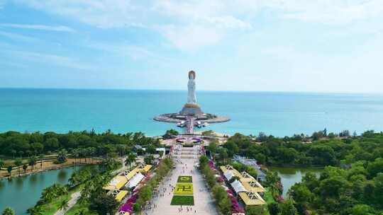 海南三亚南山寺航拍海上观音蔚蓝色天空大海