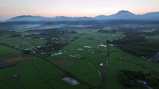 中国侨乡广东台山乡村稻田山脉山峰日出航拍