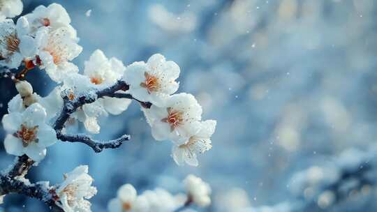 冬天树枝花朵冬季雪景飘雪寒梅