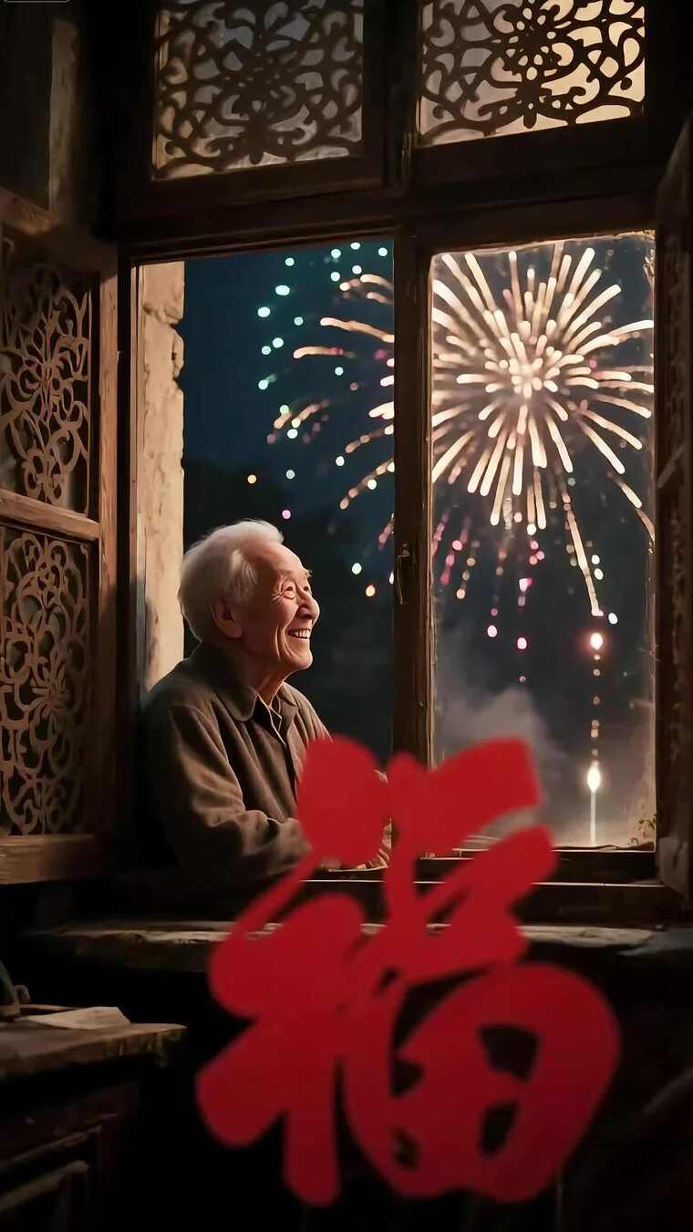 老人窗边赏烟花过新年素材