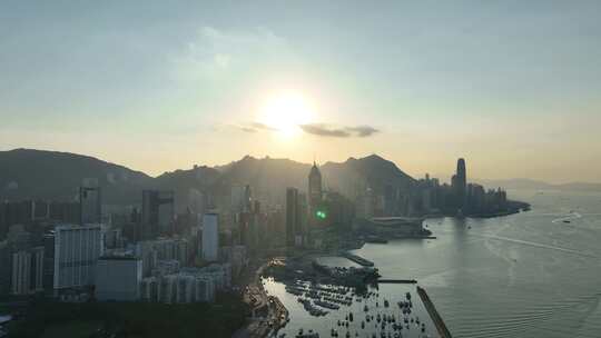 香港大景航拍维多利亚港太平山日落海湾风光