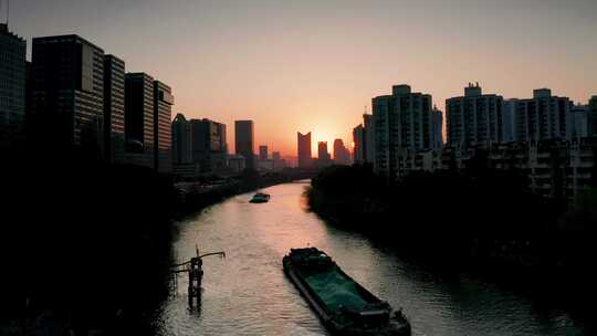 杭州大运河河畔环城北路夕阳航拍